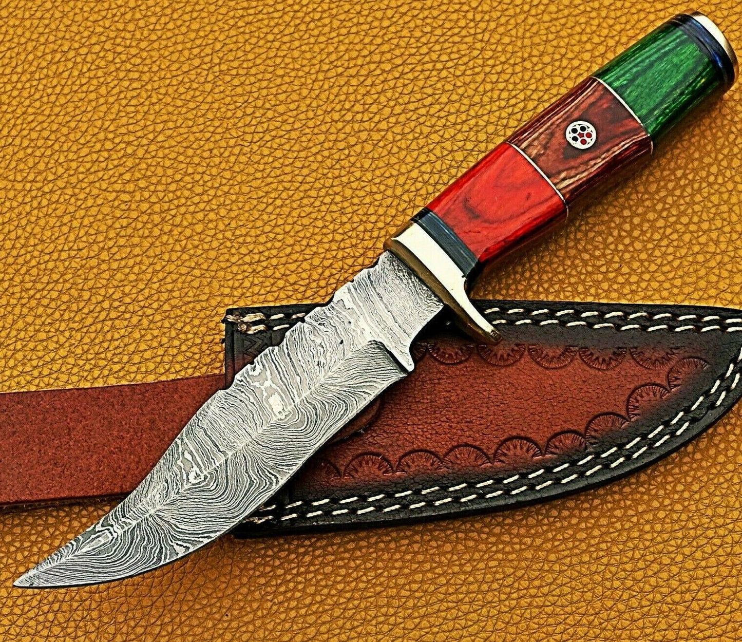 10" Handmade Damascus Bowie Knife with Wood & Brass Handle + Leather Sheath