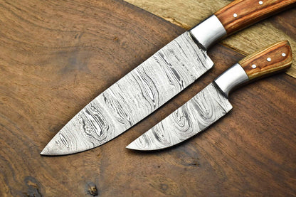 Custom Lot of 2 Handmade Hammered Damascus Steel Blade Chef Knife Set