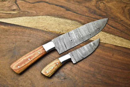 Custom Lot of 2 Handmade Hammered Damascus Steel Blade Chef Knife Set