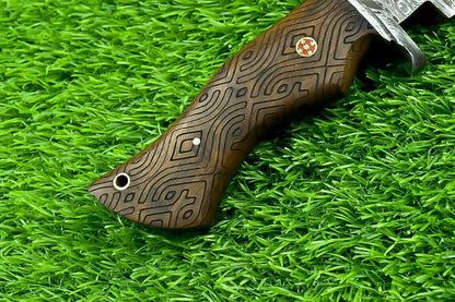 10 Inch Custom Forged Damascus Steel Bowie Hunting Knife with Natural Wood Handle