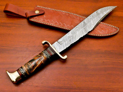 16.5" Handmade Damascus Engraved Bowie Knife with Camel Bone Handle & Leather Sheath
