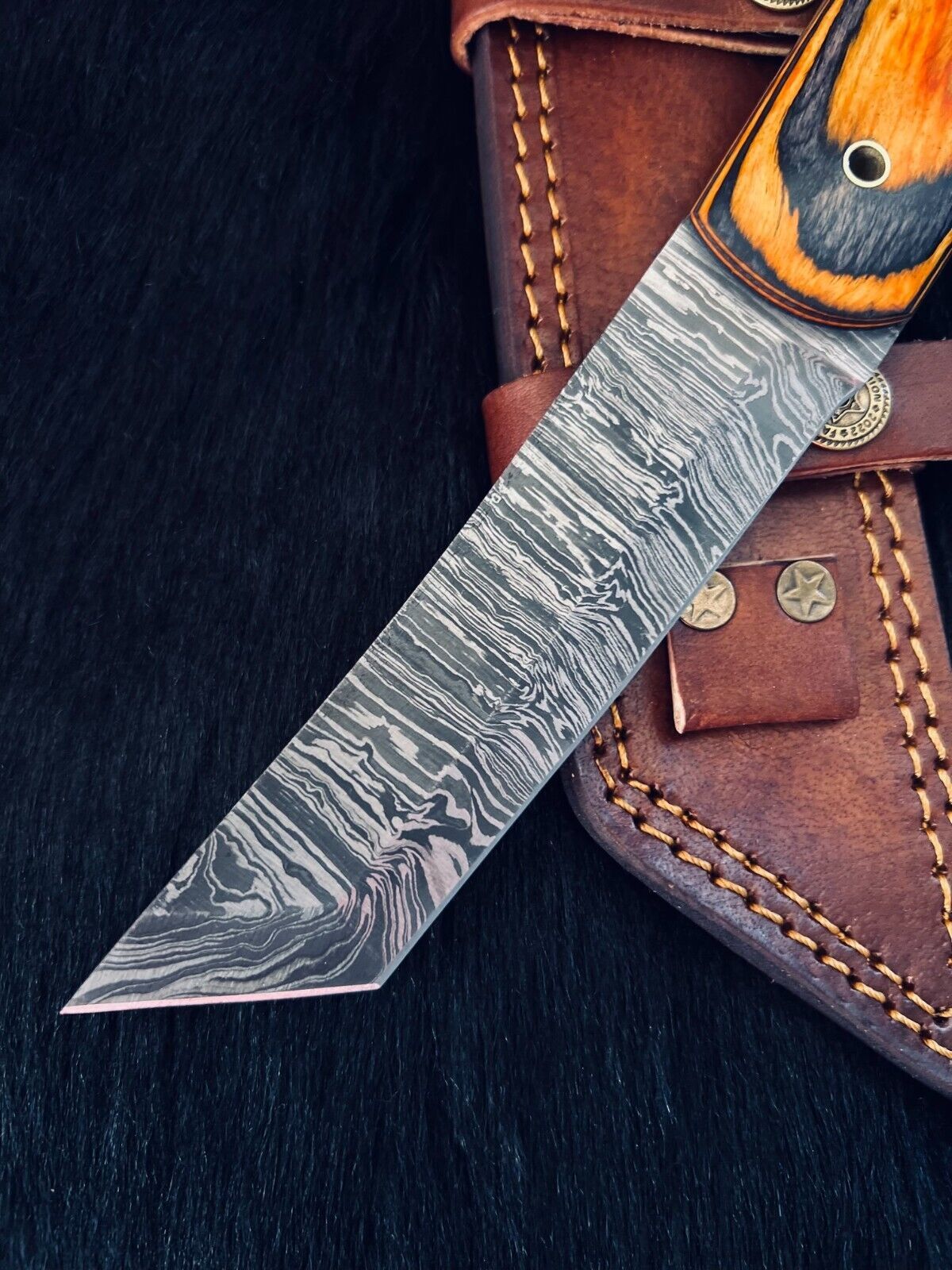 Heritage Forge 10 Inch Twist Damascus Tanto Hunting Knife Wood Handle