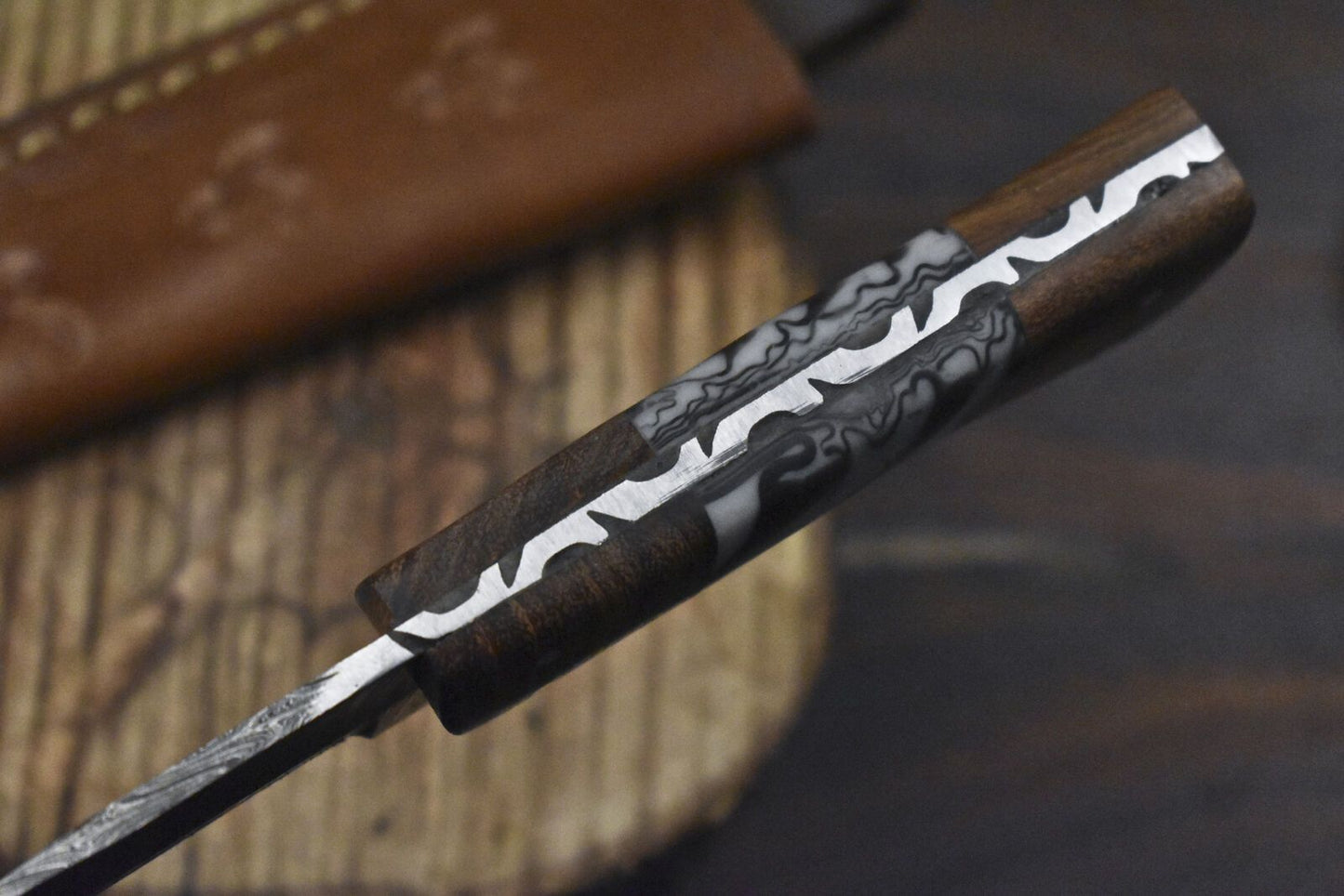 Custom Hand Forged Twist Damascus Skinner Knife with Corain Handle and Wooden Bolster