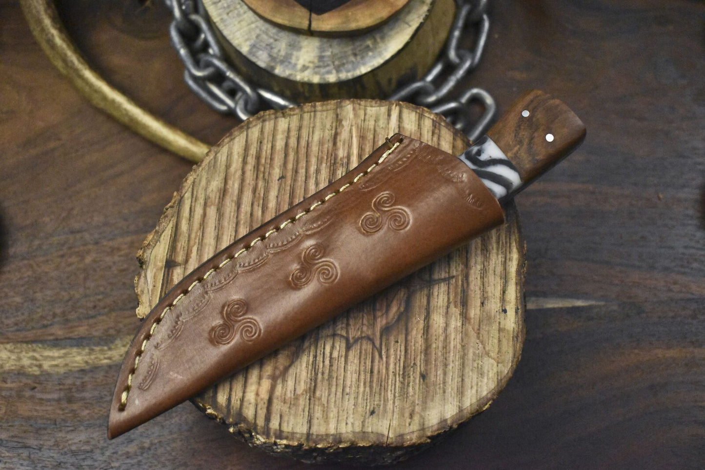Custom Hand Forged Twist Damascus Skinner Knife with Corain Handle and Wooden Bolster