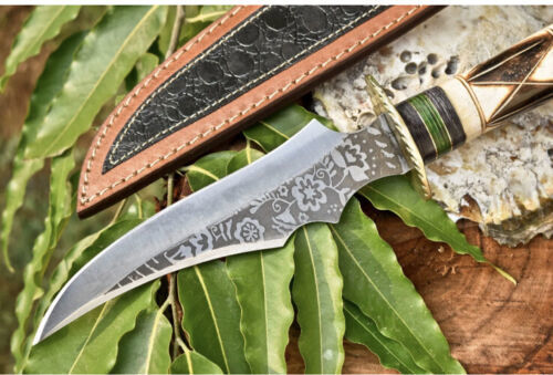 Handmade D2 Steel Etched Blade Combat Hunting Bowie Knife with Camel Bone Handle & Leather Sheath