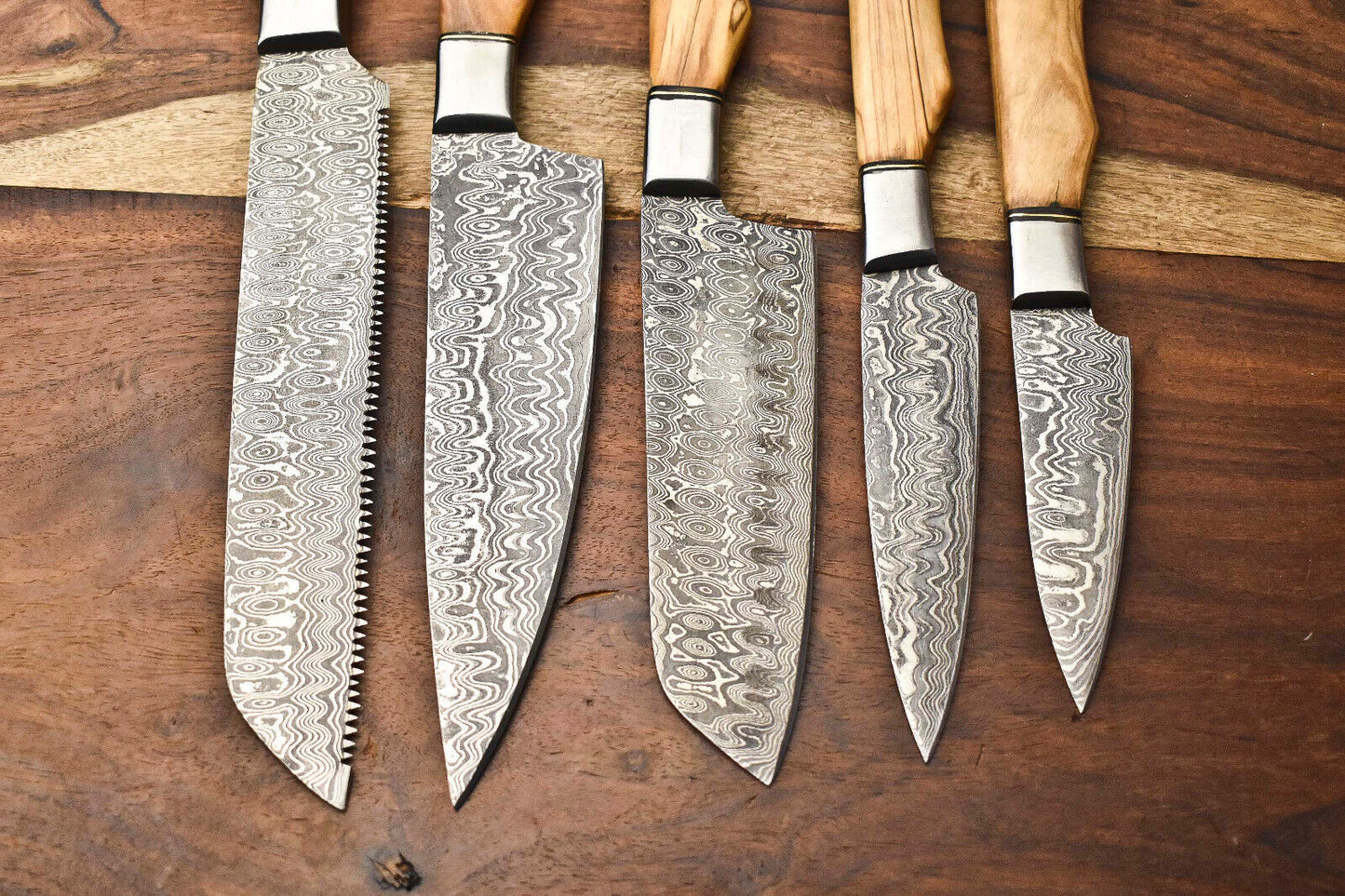 Set of 5 Handmade Hammered Damascus Steel Chef Knives – Premium Damascus Blades