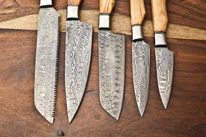 Set of 5 Handmade Hammered Damascus Steel Chef Knives – Premium Damascus Blades