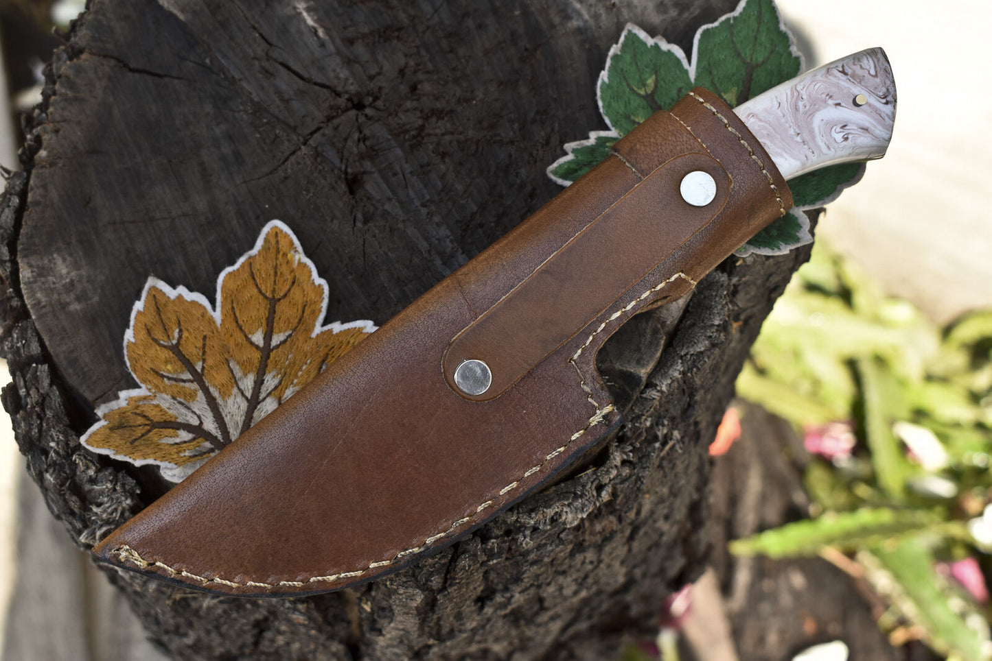 8.5" Twist Damascus Skinner Knife Corian Handle Micarta Bolster Custom Camping Blade