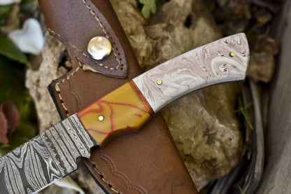 8.5" Twist Damascus Skinner Knife Corian Handle Micarta Bolster Custom Camping Blade