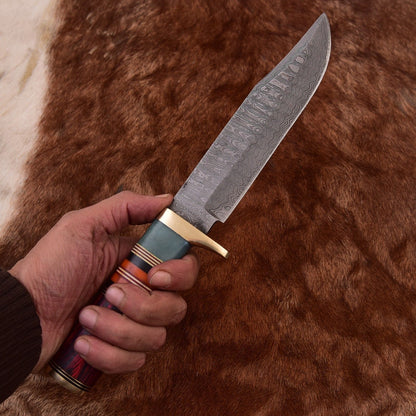 Custom Forged Damascus Steel Bowie Knife with Wood Handle and Leather Sheath