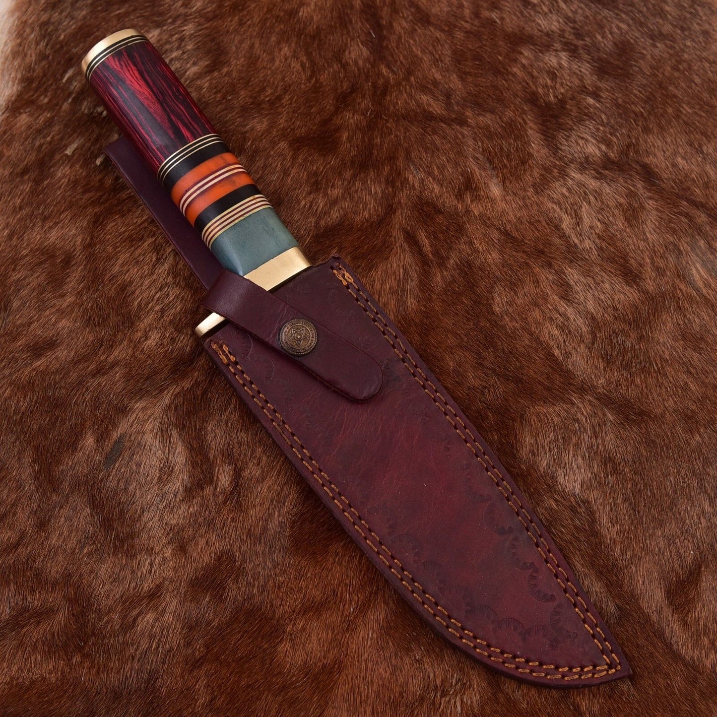 Custom Forged Damascus Steel Bowie Knife with Wood Handle and Leather Sheath