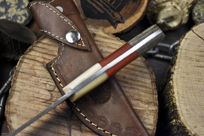 8" Twist Damascus Skinner Knife Mixed Material Handle Razor Sharp Blade w/Sheath