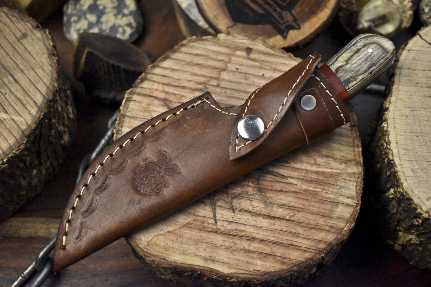 8" Twist Damascus Skinner Knife Mixed Material Handle Razor Sharp Blade w/Sheath