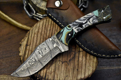 Custom Twist Damascus Skinner Knife Corain Handle Micarta Bolster Fixed Blade Hunter