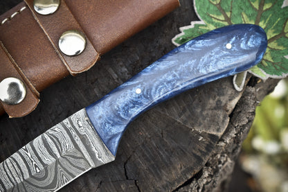 Hand Forged Twist Damascus Skinner Knife with Corian Handle EDC Veterans Gift