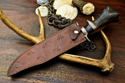 15" Damascus Bowie Knife – Engraved Camel Bone Handle