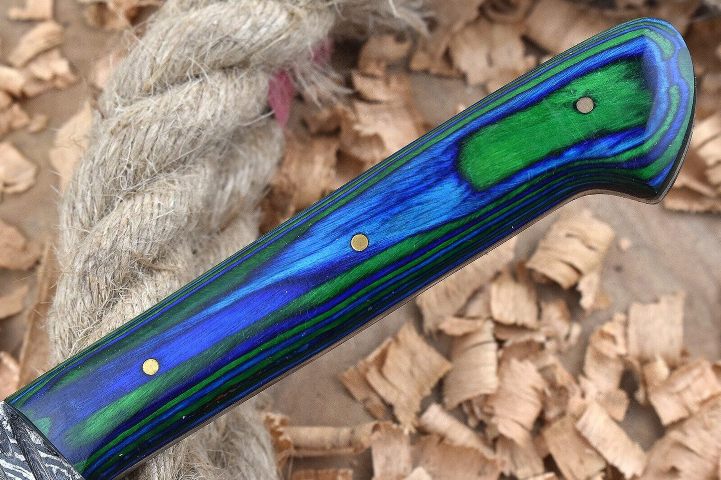 Custom Handmade Forged Damascus Steel Kitchen Chef Knife – Blue & Green Dollar Thappa Handle