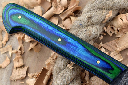 Custom Handmade Forged Damascus Steel Kitchen Chef Knife – Blue & Green Dollar Thappa Handle