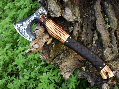 Custom Handmade Viking Bearded Hatchet – 19" Carbon Steel Outdoor Axe with Leather Wrapped Ash Wood Handle and Sheath