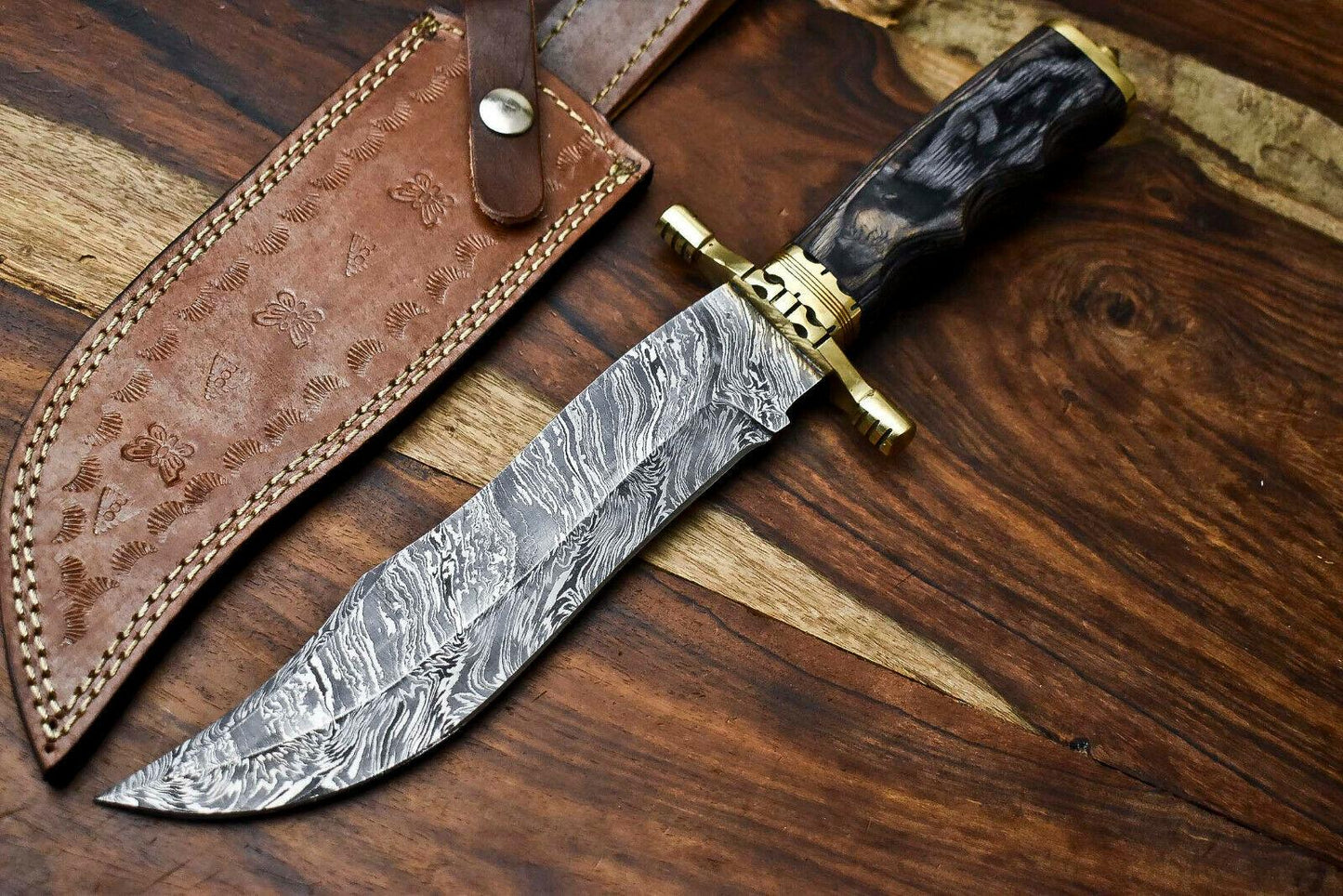 13" Handmade Damascus Bowie Hunting Knife – Hard Wood Handle, Full Tang