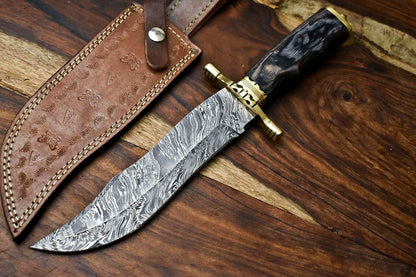 13" Handmade Damascus Bowie Hunting Knife – Hard Wood Handle, Full Tang