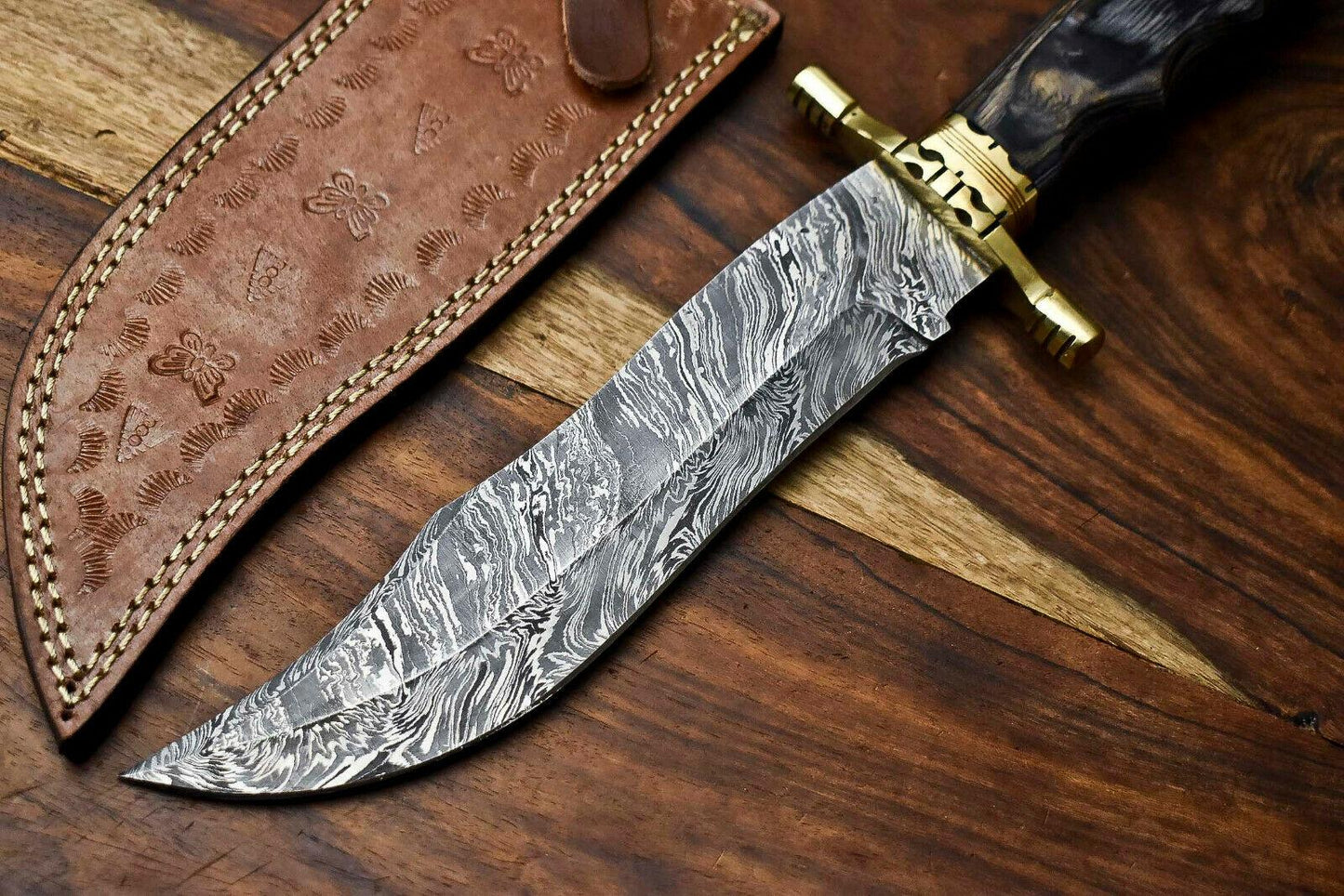 13" Handmade Damascus Bowie Hunting Knife – Hard Wood Handle, Full Tang