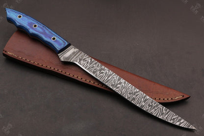 13.5" Hand Forged Fire Damascus Steel Fillet Knife  Damascus Fillet Knife For Kitchen Use