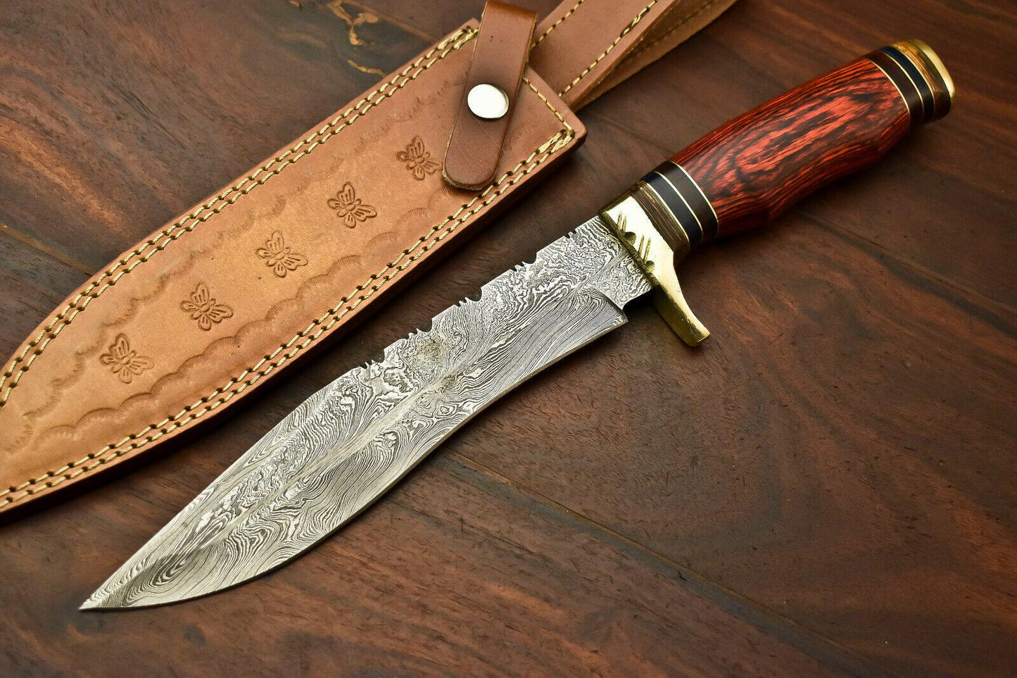 14" Damascus Steel Bowie Knife | Hardwood Handle & Leather Sheath