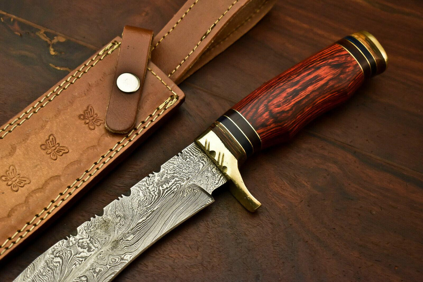 14" Damascus Steel Bowie Knife | Hardwood Handle & Leather Sheath