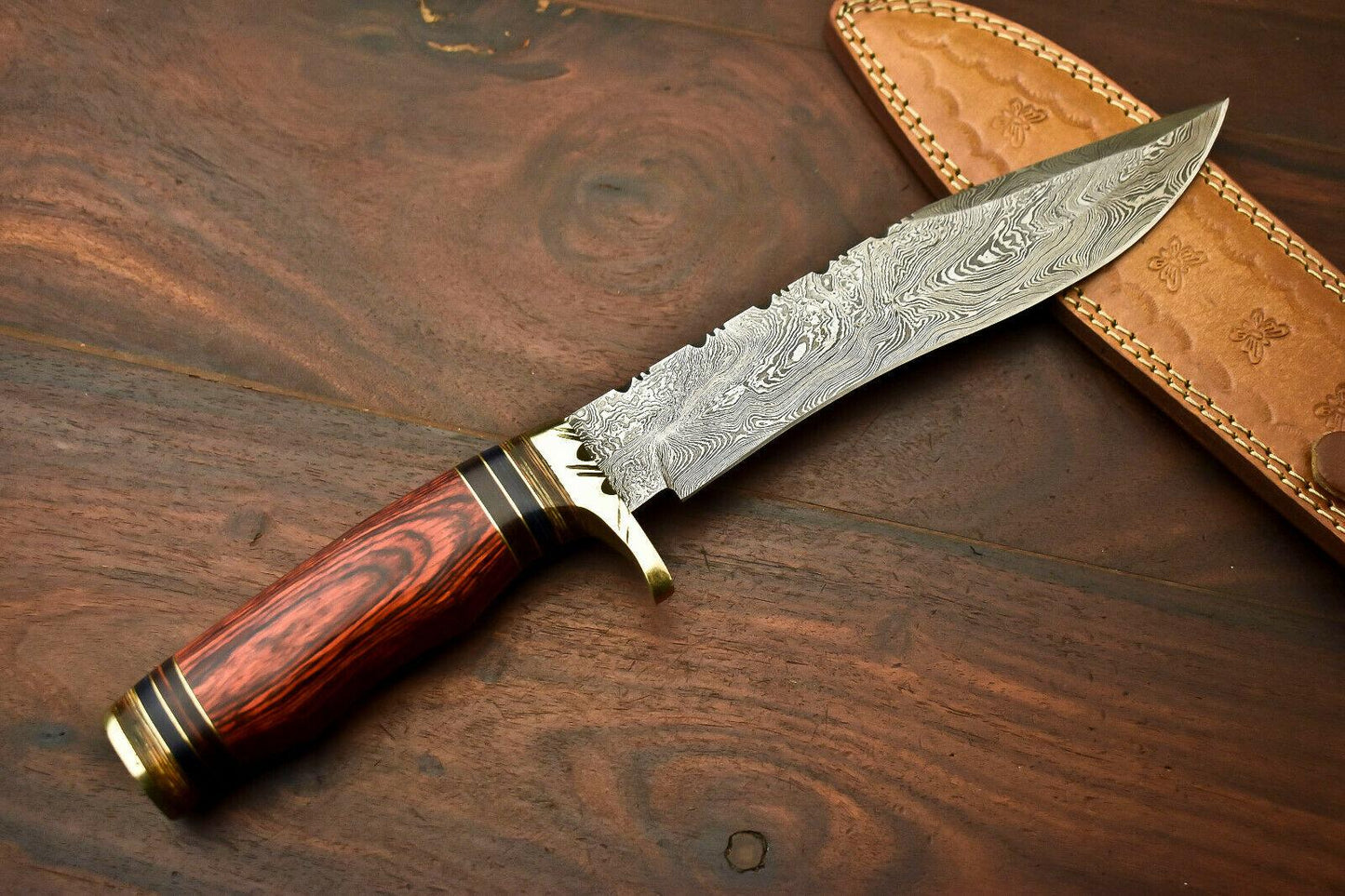 14" Damascus Steel Bowie Knife | Hardwood Handle & Leather Sheath
