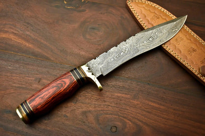 14" Damascus Steel Bowie Knife | Hardwood Handle & Leather Sheath