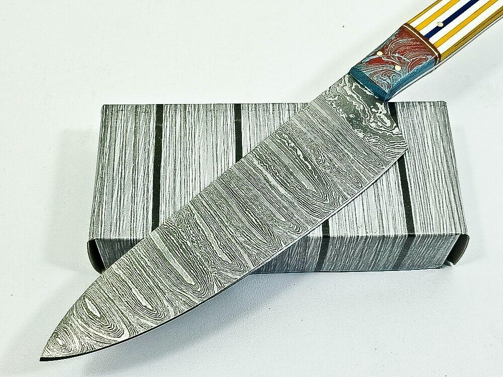 12" Handmade Fixed Damascus Blade Chef Knife – Full Tang Kitchen Knife with Resin Handle & Sheath