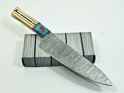 12" Handmade Fixed Damascus Blade Chef Knife – Full Tang Kitchen Knife with Resin Handle & Sheath