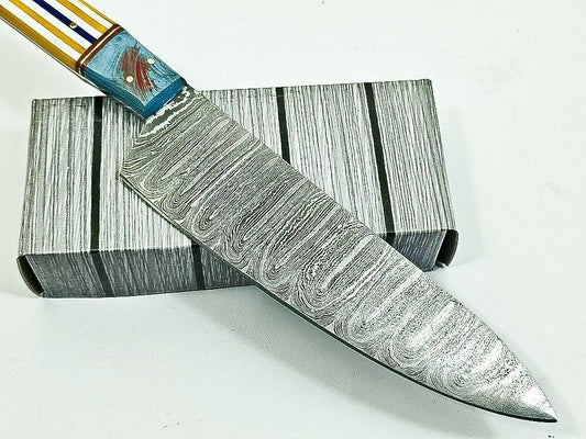 12" Handmade Fixed Damascus Blade Chef Knife – Full Tang Kitchen Knife with Resin Handle & Sheath