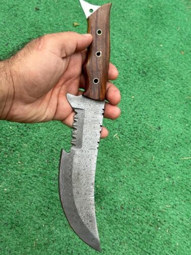 12" Custom Handmade Damascus Tracker Knife – Full Tang Hunting & Survival Blade with Fire Pattern Design