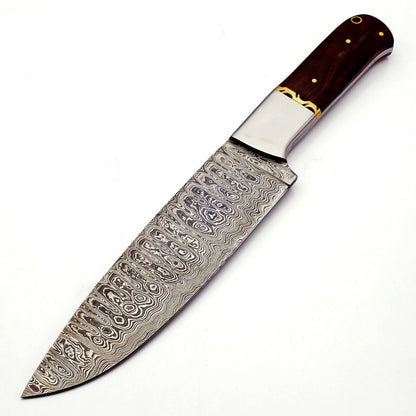 Handmade Damascus Steel Chef Knife with Rose Wood Handle and Leather Sheath