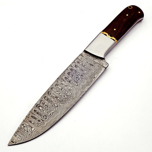 Handmade Damascus Steel Chef Knife with Rose Wood Handle and Leather Sheath
