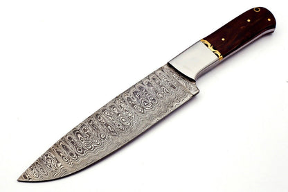 Handmade Damascus Steel Chef Knife with Rose Wood Handle and Leather Sheath