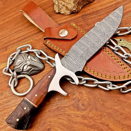 Handmade Damascus Bowie Knife with Resin and Wood Handle Fixed Blade Hunting Knife