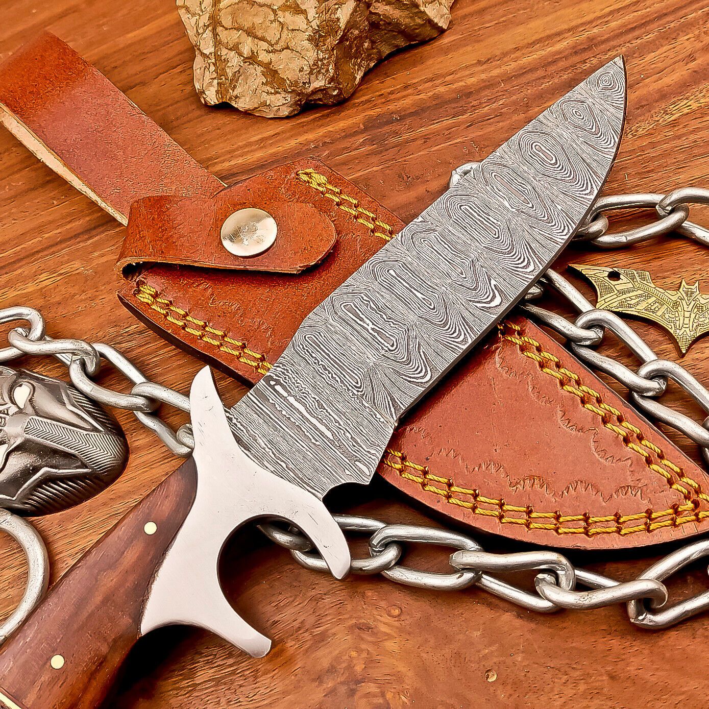 Handmade Damascus Bowie Knife with Resin and Wood Handle Fixed Blade Hunting Knife