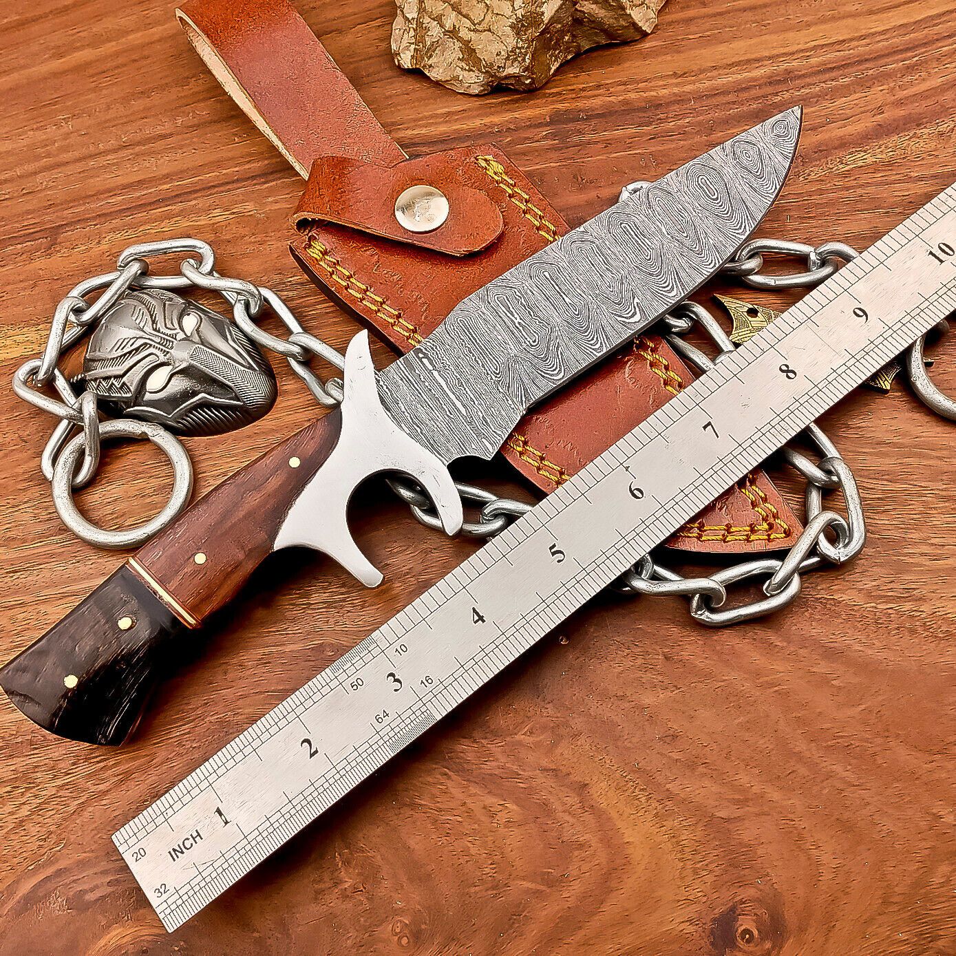 Handmade Damascus Bowie Knife with Resin and Wood Handle Fixed Blade Hunting Knife