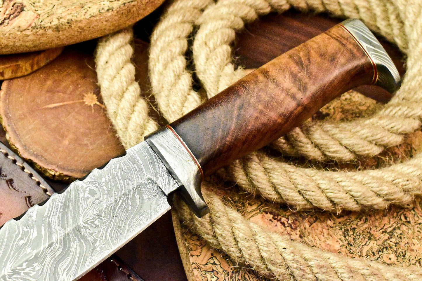 Rare Handmade Damascus Steel Bowie Knife – 12" Hunting Blade with Walnut Wood Handle