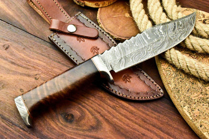Rare Handmade Damascus Steel Bowie Knife – 12" Hunting Blade with Walnut Wood Handle