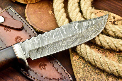 Rare Handmade Damascus Steel Bowie Knife – 12" Hunting Blade with Walnut Wood Handle