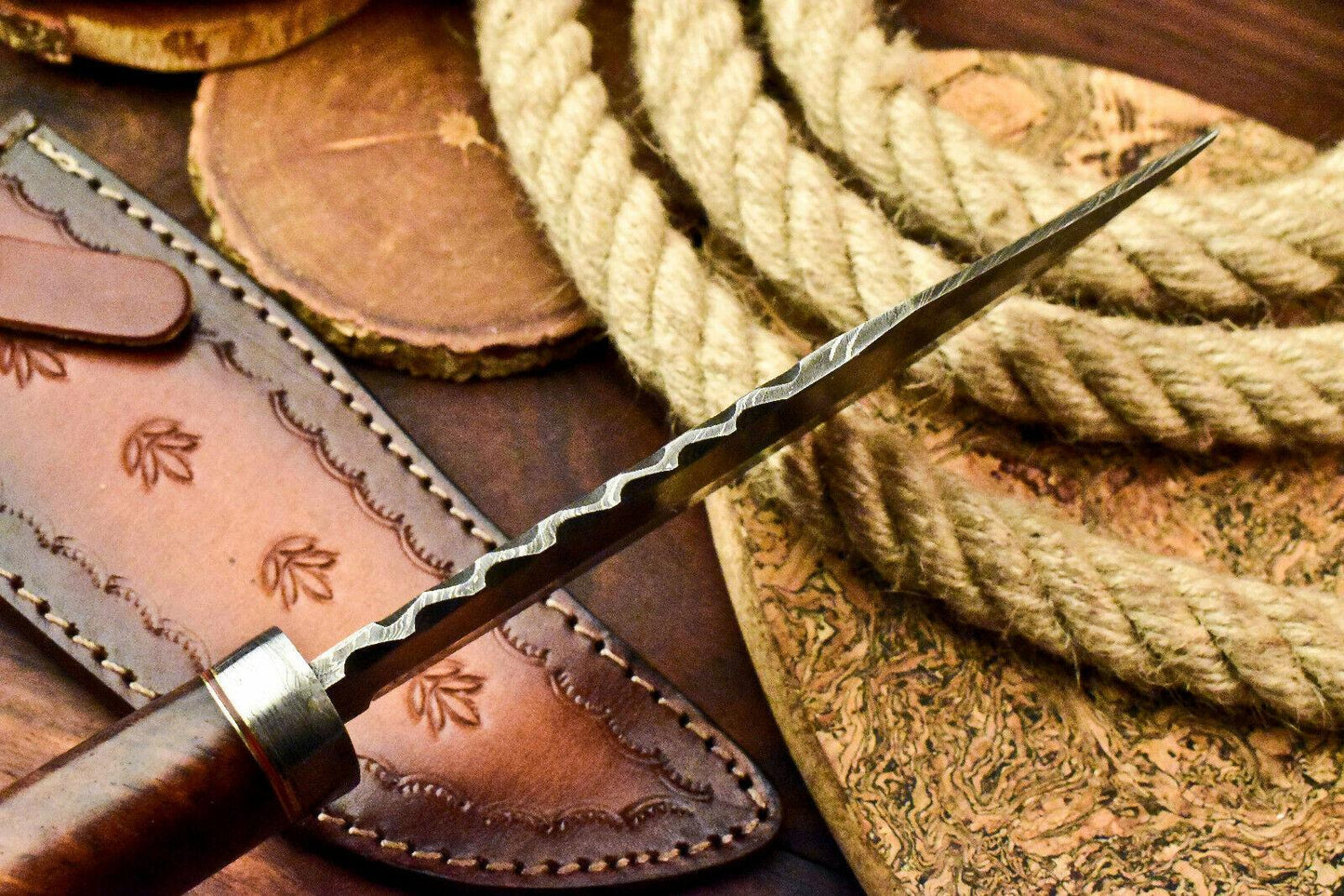 Rare Handmade Damascus Steel Bowie Knife – 12" Hunting Blade with Walnut Wood Handle