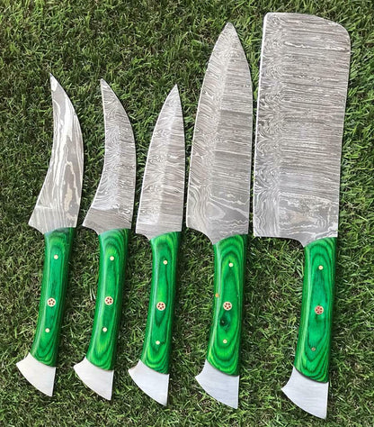 Custom Handmade Twist Damascus Steel Chef Knife Set with Walnut Wood Handle