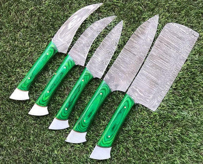 Custom Handmade Twist Damascus Steel Chef Knife Set with Walnut Wood Handle