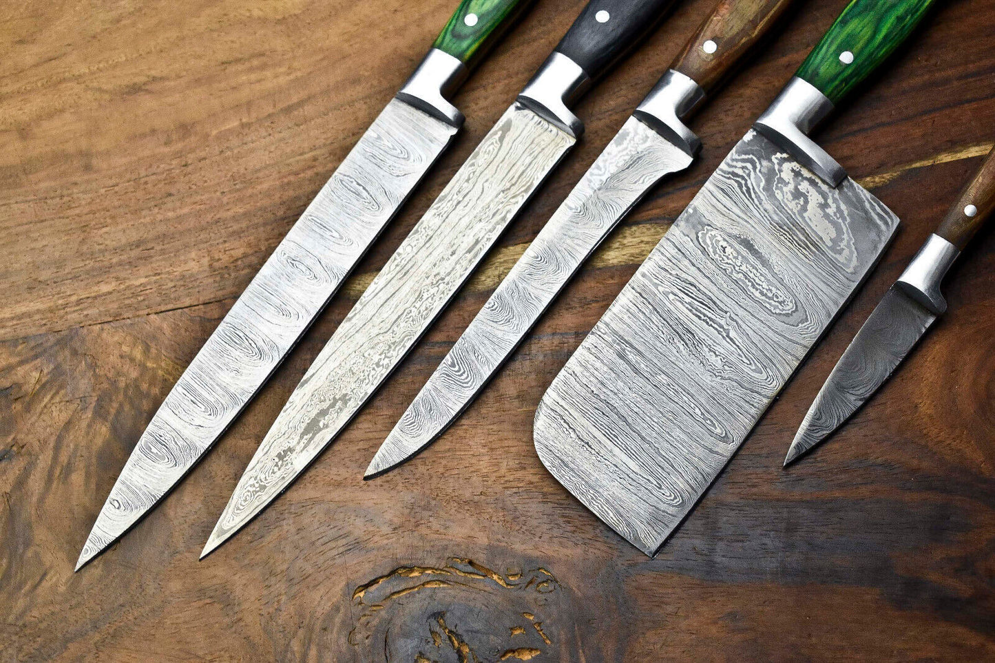 Lot of 5 Handmade Hammered Damascus Steel Blade Chef Knife Set – 384 Layer Full Tang Design