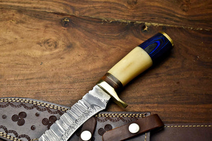 Heritage Forge 14 Inch Custom Handmade Damascus Hunting Bowie Knife with Camel Bone Handle