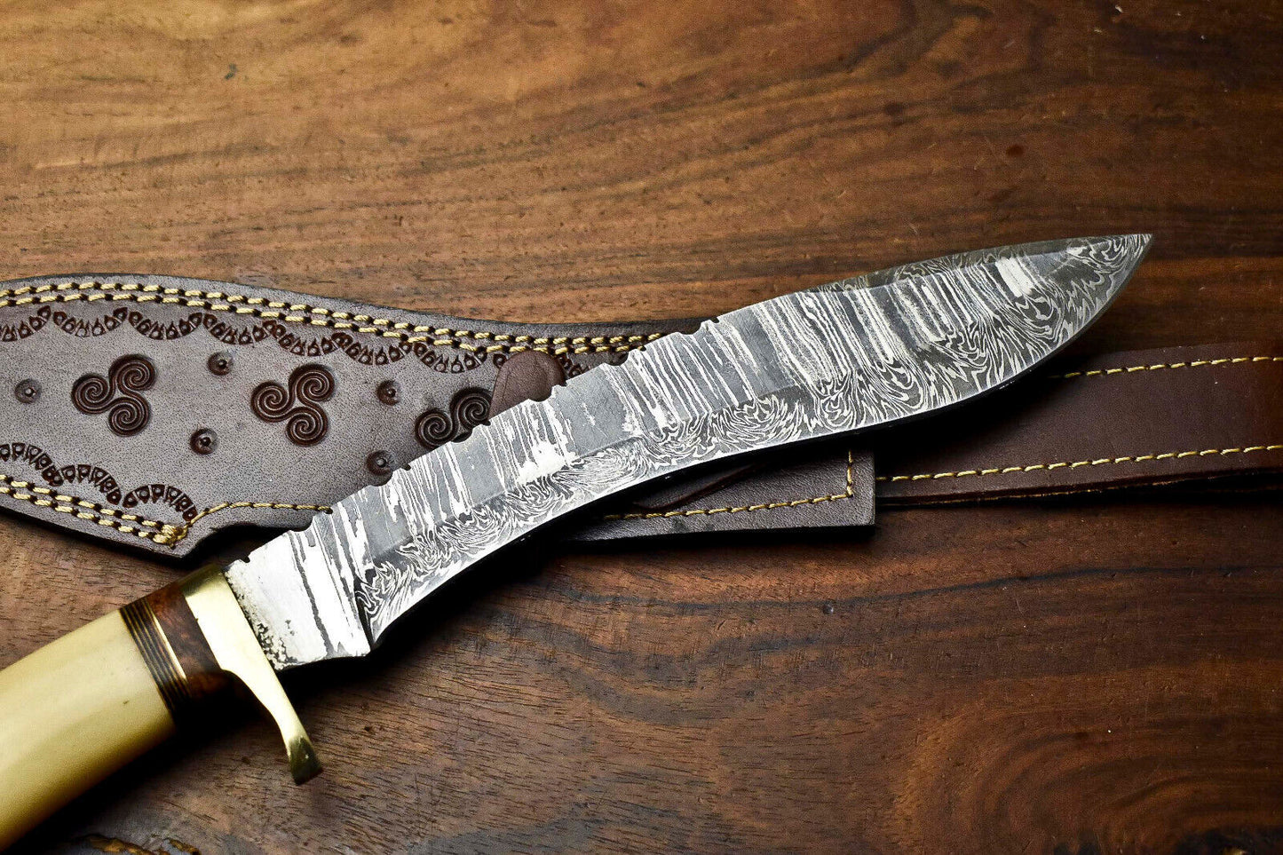 Heritage Forge 14 Inch Custom Handmade Damascus Hunting Bowie Knife with Camel Bone Handle
